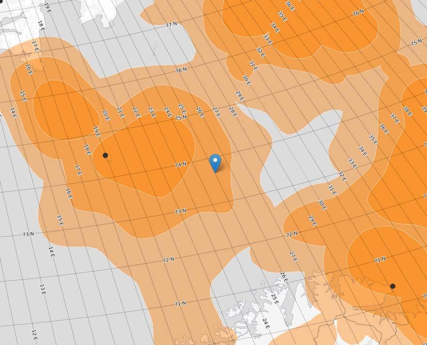 Figur 3: Fordeling av polarlomvi i Barentshavet i perioden mars-april 2018 (http://www.seapop.no/en/seatrack). Konklusjon Sputnik ligger ca.