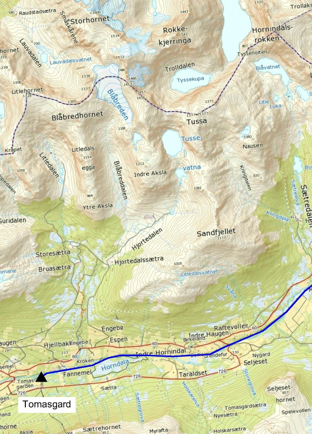 04 Mellom Tomasgard og Støverstein (sjå blå linje) søkjer SFE Nett om å spenningsoppgradere øvste trådsett på eksisterande 22 kv leidning til 66 kv.