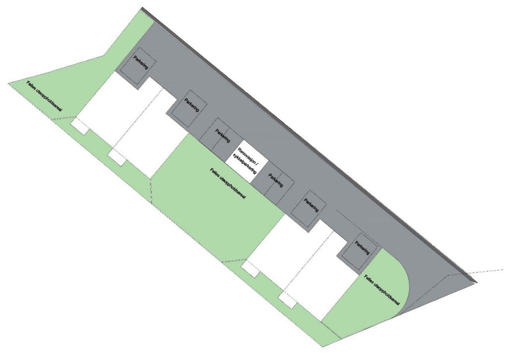 Figur 4-15. Eksempel på mulig plassering av to firemannsboliger, samt plassering av parkeringsplasser og renovasjon/sykkelparkering.