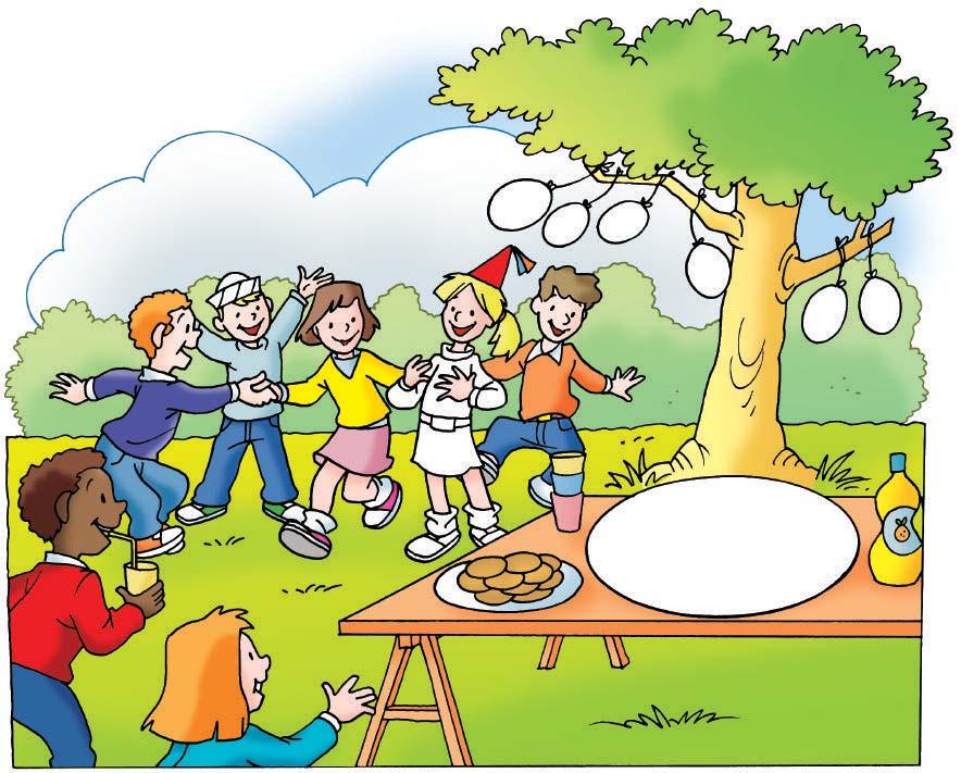 1 Read, draw and colour. Today is my birthday. It is hot and sunny and I m having a party. Look! I m in the garden with my friends. There are pink and purple balloons in the tree.