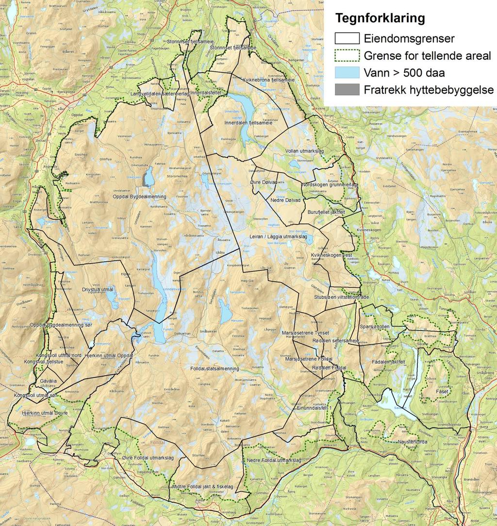 9.2 Vedlegg 2: Kart over jaktfeltene med tellende areal i Knutshø villreinområde Figur 9 Kartet er utarbeidet av