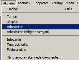 Arbeidsliste Under menypunktet Aktivitet ligger valget Arbeidsliste. Bildet heter Arbeidsplanlegging. Det er her besøk genereres og fordeles.