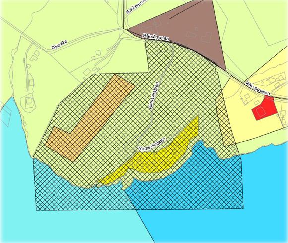 Figur 2: Utsnitt av kommuneplanens arealdel. Område med gjeldende reguleringsplan vises som skravert område.