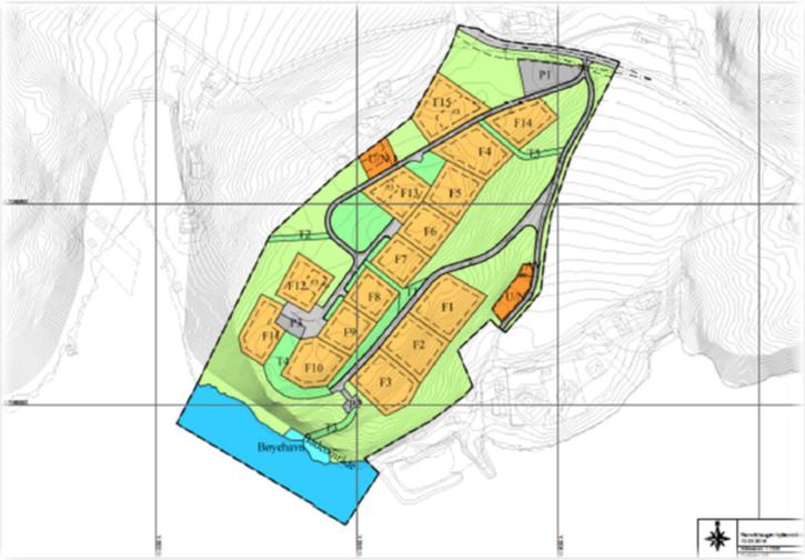Figur 3: Forslag til reguleringsplan for Ramsvikhaugen hytteområde Planforslaget består av 15 hytter og ligger i nær tilknytning til Ramsvik hytteområde planid 19966090 som også inneholder en