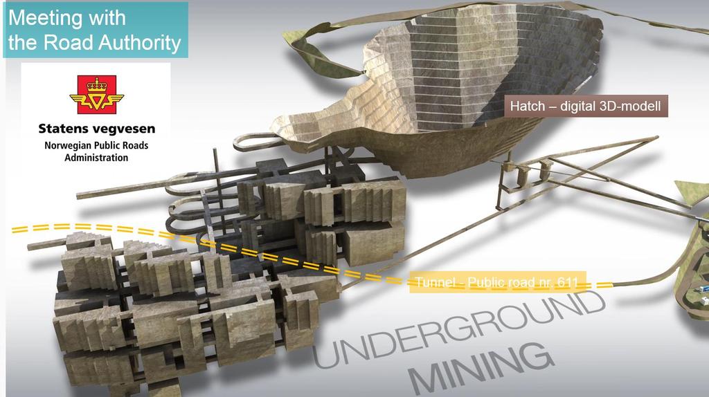 Underjordiske siloar, sjakt, transportband og diverse driftstunnelar knytt til utvinninga både i gruva og i dagbrotet kan og liggje i dette området. Fig.4.8-2 Gruva i 3D.