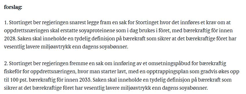 Stortingsforslag om bærekraftig fiskefôr