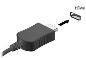 Slik kobler du en video- eller lydenhet til HDMI-porten: 1. Koble den ene enden av HDMI-kabelen til HDMI-kontakten på datamaskinen. 2.