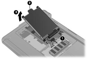 10. Trekk harddiskklaffen (2) opp og løft harddisken (3) ut av harddiskbrønnen. Slik setter du inn en harddisk: 1.