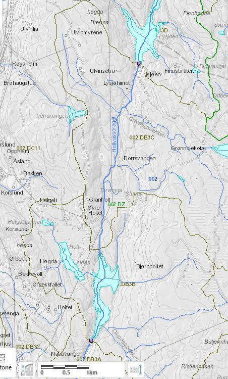 Dam sør i Lysjøen. Dam nr 6603 (NVE). Kart som viser beliggenhet av dam, og berørt vassdragsstrekning, dvs.