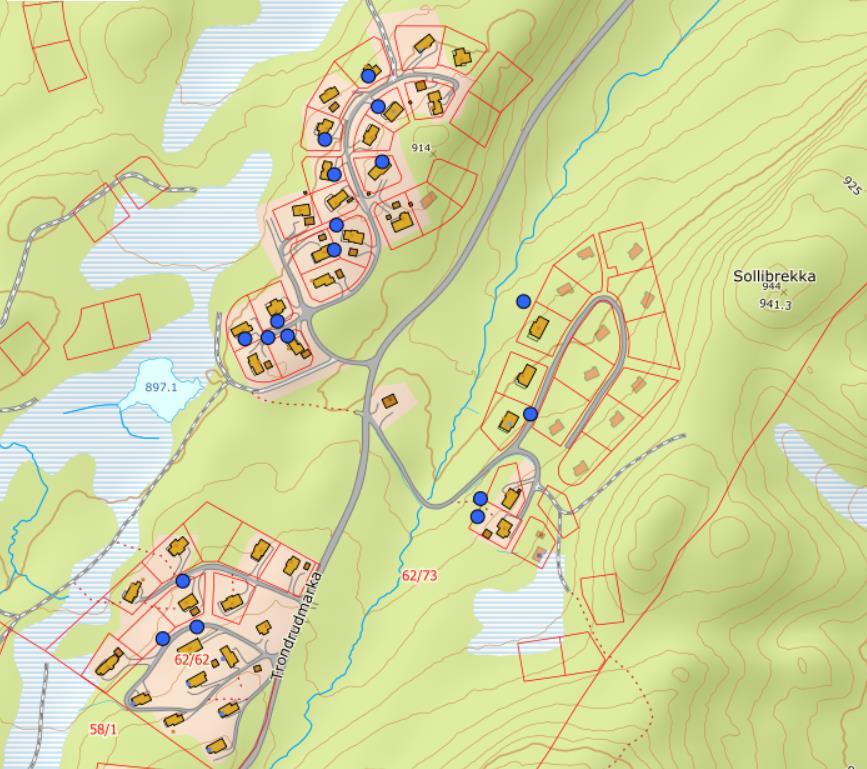 Figur 2 og Figur 3 viser registrerte grunnvannsbrønner i fjell, hentet fra NGU sin database. I tillegg er det trolig flere enn det som er vist i databasen.