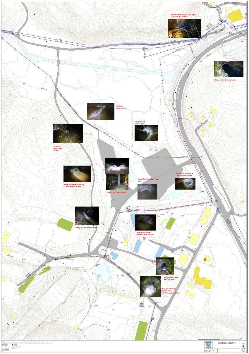 Figur 5: Kart med bilder av overvannssystem i Granåsen (kilde: Håkon Pedersen hos Trondheim kommune, Kommunalteknikk) Det fins også annen VA-infrastruktur i området.