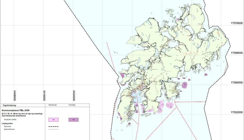 Plankartet i viser forslag til akvakulturområder i sjø i revidert av kommuneplanens arealdel. Det baserer seg på kartet i figur 8.
