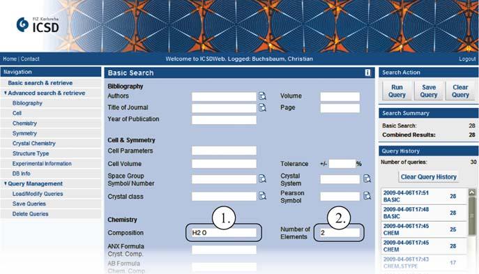 54 C. Buchsbaum et al. Fig. 8 Basic search. Enter H 2 OintoComposition field (1) and 2 into the Number of Elements field (2) Fig. 9 Basic search results.