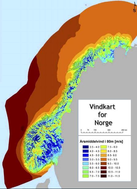 Norsk Vindatlas Dei store vindressursane i Noreg er til havs Svarthammaren: 7,5 m/s NVE 2009 2,5 gongar meir