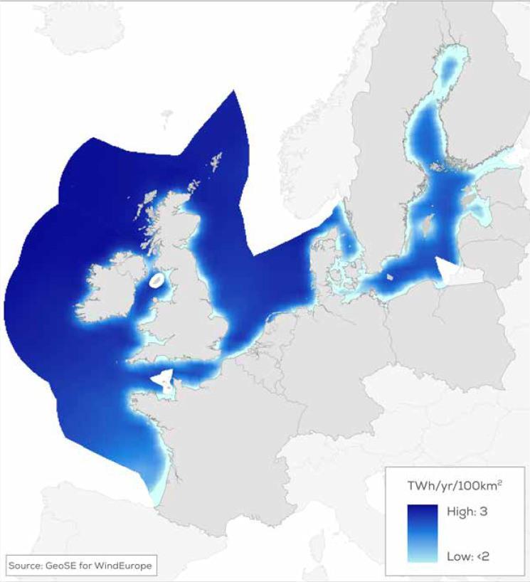 Havvindkart for Europa Mørk blått er 3 TWh/100 km2 Dei store vind-ressursane er til havs, i nære havområde utafor Tyskland, Nederland etc ikkje på land i Noreg.