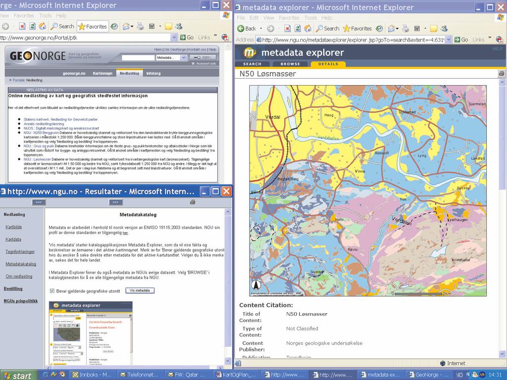 Per Ryghaug Figur 3. Metadata tilgjengeliggjort fra geonorge.no, hvor en nedlastingsfunksjon bringer brukeren inn i datatilbyderens metadatakatalog. I dette tilfelle løsmassedata på ngu.no. Den geografiske infrastrukturen for Europa (ESDI), basert på det forestående EU-direktiv kalt INSPIRE, stiller tilsvarende krav til metadata.