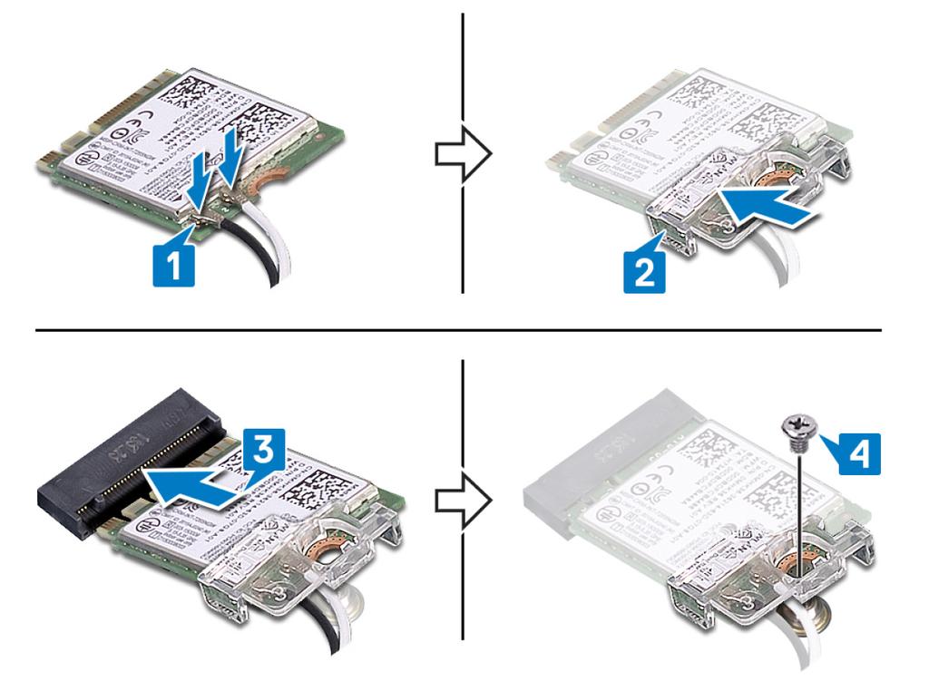 5 Sett tilbake skruen som holder braketten til trådløskortet og selve trådløskortet til hovedkortet. 6 Plasser trådløskortskjoldet på trådløskortet.