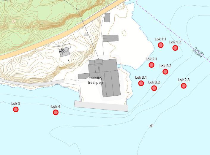 Fossing Tresliperi Datarapport, sedimentundersøkelse multiconsult.no 3 Gjennomføring av undersøkelsen Figur 2: Omtrentlig plassering av prøvetakingslokalitetene 3 Gjennomføring av undersøkelsen 3.