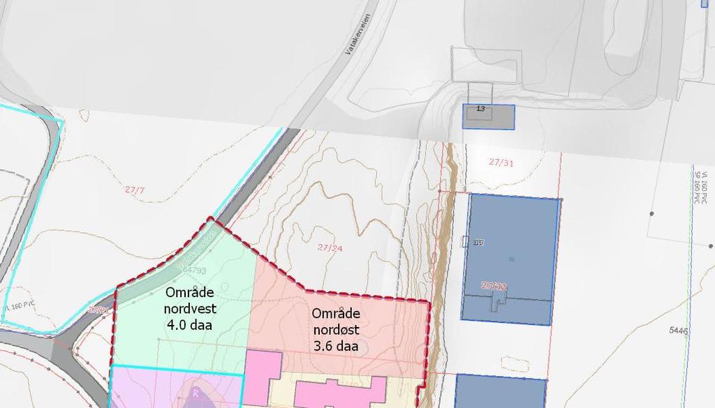 Figur 8: Planområdet med inndeling i avrenningsområdene sørvest, sørøst, nordvest og nordøst. Hybelbyggene som skal etableres på område nord er ikke vist på figuren.