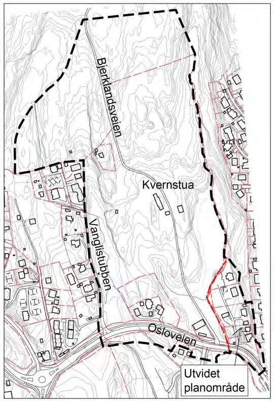 Side 2 av 18 2 GRUNNLAG OG FORUTSETNINGER 2.1 Lokalisering Figur 1. Avgrensing reguleringsplan Kvernstua (BY22) vist med stiplet linje. Tilleggsareal (mai 2018) er vist nede i høyre hjørne.