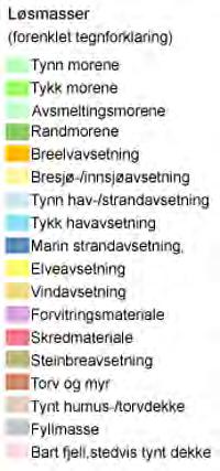 * Foreslåtte reguleringsbestemmelser til det nye planområdet. 2.2 Naturgrunnlag Figur 2 Kvartærgeologisk kart for planområdet og tilgrensende arealer (www.ngu.no).