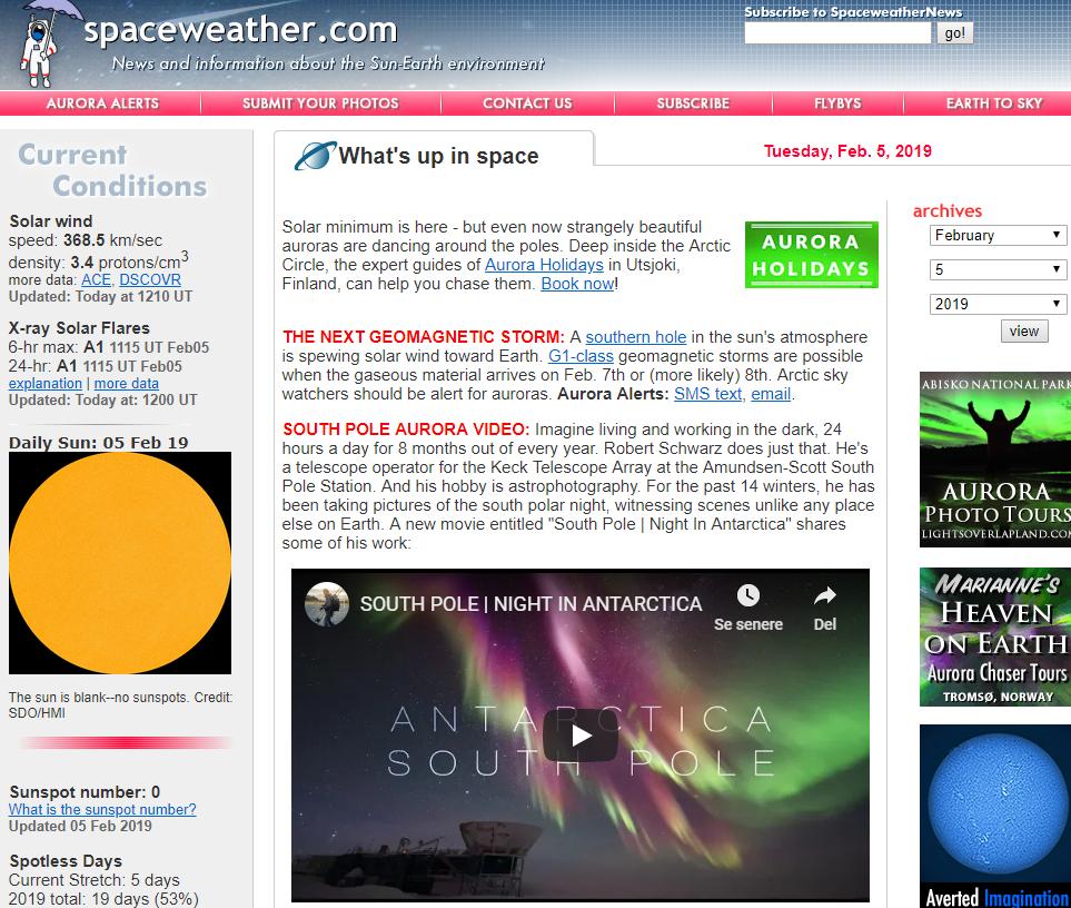 Aktivitet 2 Spaceweather.com På www.spaceweather.com kan dere finne en oversikt over solflekkaktiviteten de siste årene. 1. Se på bildet av sola til venstre på nettsida.