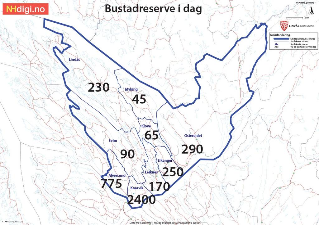 Figur 7 Bustadreserve fordelt på skulekrins (figuren er justert i tråd med redusert