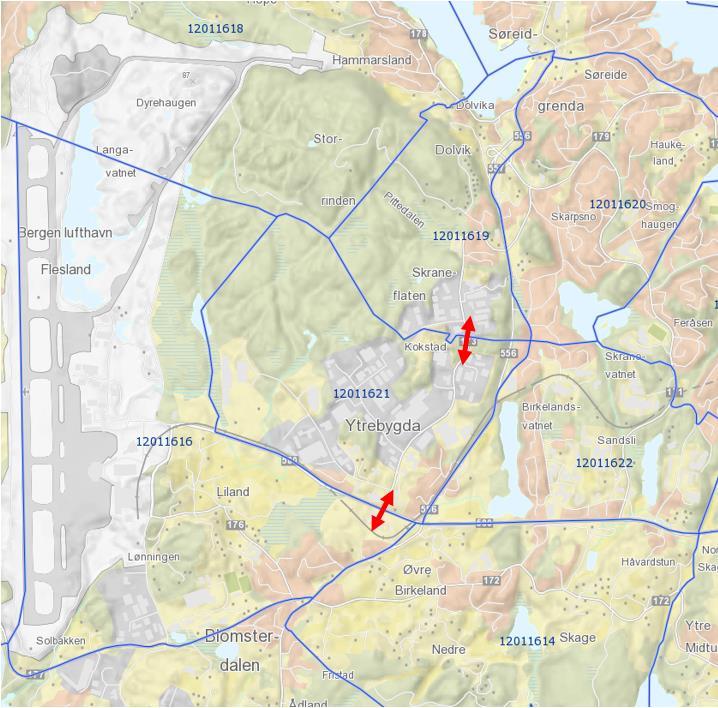 Figur 8: Grunnkretser benyttet i RTM. (Kilde: kartiskolen.no) Basert på tall hentet fra RTM-modellen går 68 % av trafikken til Flyplassvegen, mens de resterende 32 % går nord langs Kokstadvegen.