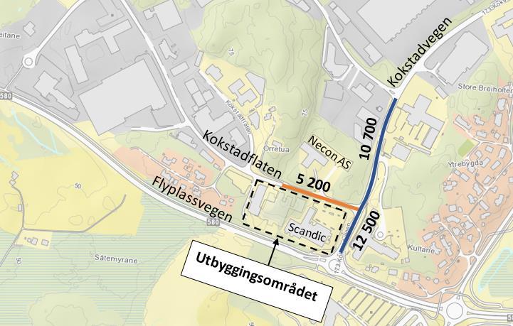 4.5 Nye trafikkmengder Estimert ÅDT i 2038 for alternativ 1 er vist i figur 10. Her ble det antatt at trafikkproduksjonen fra utbyggingen holder seg konstant over tid.