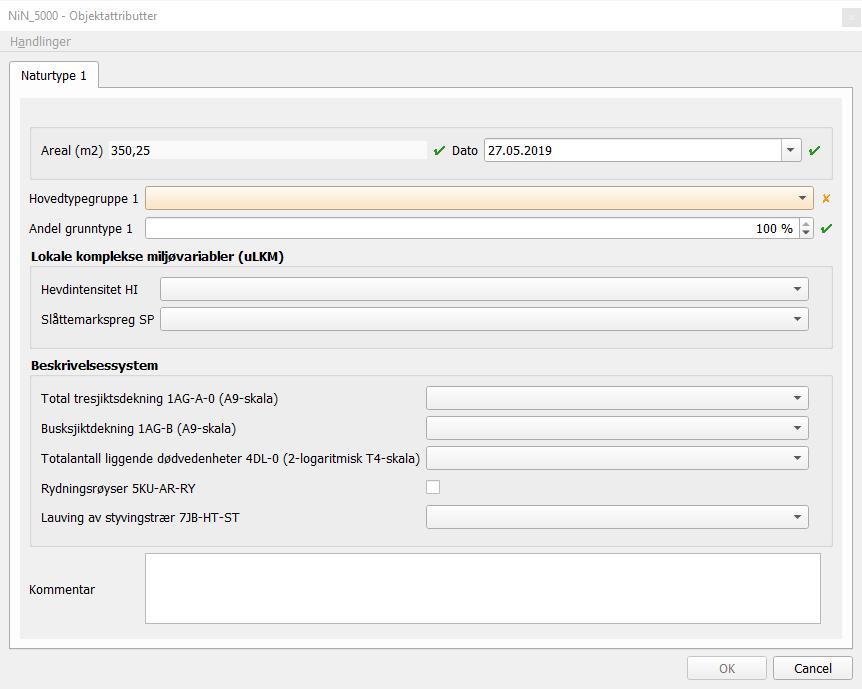 3.4 Registreringsskjemaet Hver gang du har tegnet ferdig en polygon, dukker det automatisk opp ett skjema hvor du kan angi egenskapsverdier til kartleggingsenheten du nettopp har digitalisert.