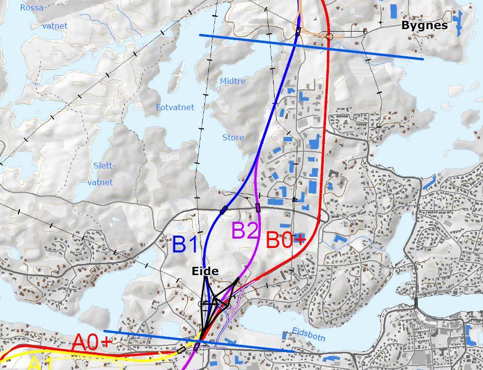 11 Delstrekning B: Eide - Våråvågen Alt. Kort beskrivelse B0+ Utvidelse av dagens veg til fire felt og fartsgrense 60 km/t, der dagens kryssfunksjoner kan beholdes.