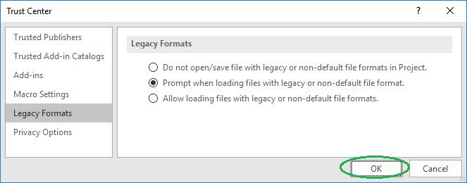 Tillate import av filer med gammelt eller ikke-standard format Klikk på Innstillinger for Klareringssenter. Velg kategorien Gamle formater.