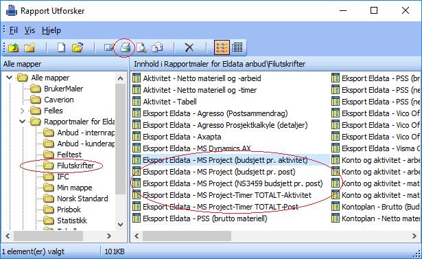 Rutine for overføring Utskrift fra Eldata til fil Du kan overføre data fra Eldata til MS Project ved å bruke Eldata sin Rapport Utforsker. Obs! Sørg for at anbudet er kalkulert før du overfører data.
