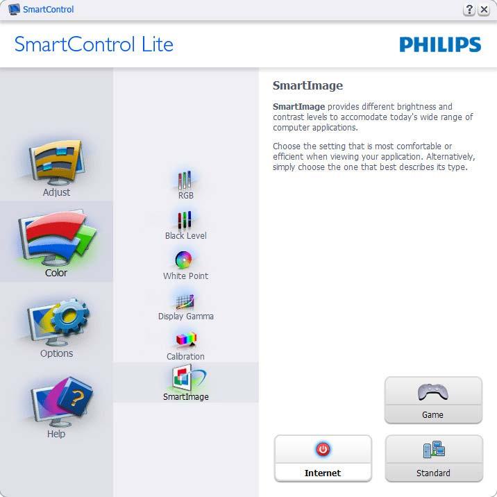 SmartImage Lite Lar brukeren endre innstillingene for å få bedre skjerminnstillinger basert på innhold.