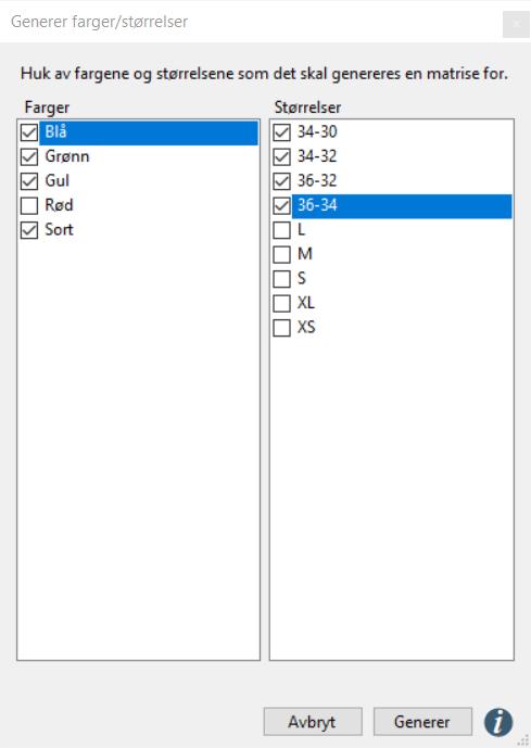 Huk av for «Farge / størrelse i bruk».
