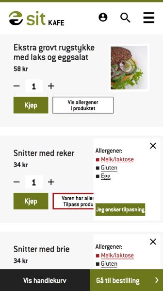 allergenene i produktet og har markert valgt allergen med rød tekst.