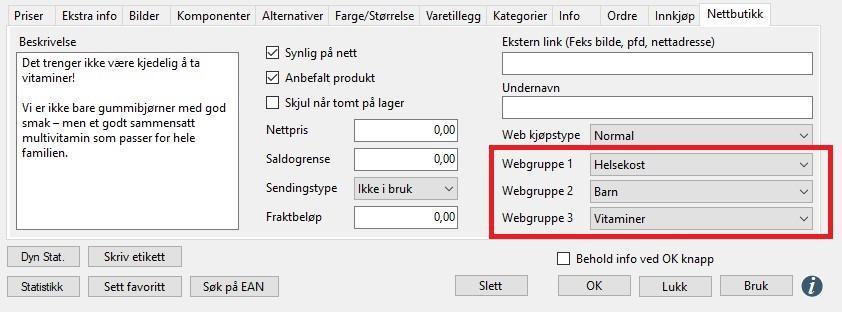 Du aktiverer bruk av webgrupper på «Oppsett -> Programinnstillinger -> Database -> Webshop oppsett -> Kategorier på nettet» På samme måte som vanlige varegrupper har man tre typer webgrupper.