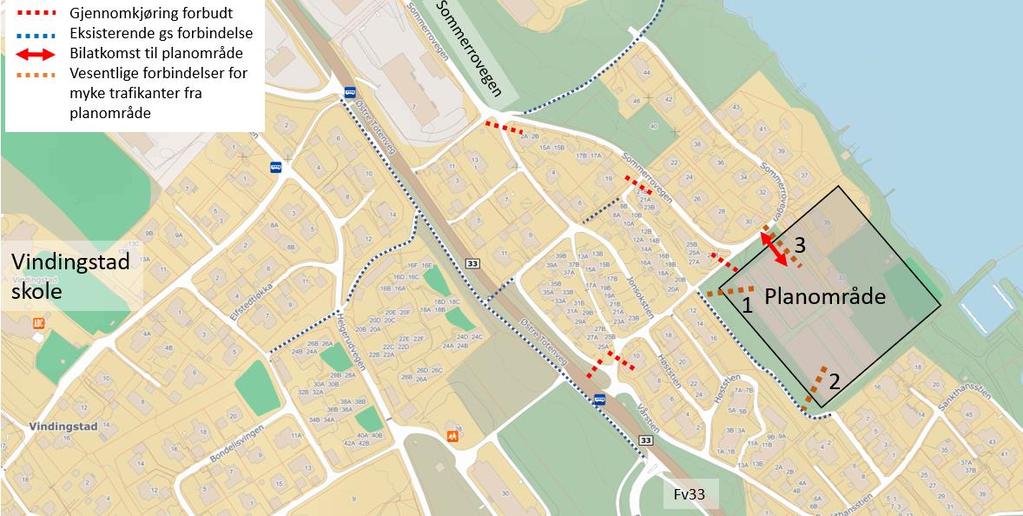 10 TRAFIKKANALYSE BONDELIA PARK Figur 9 Eksisterende gs-forbindelser og vurdering av vesentlige forbindelser til/fra planom