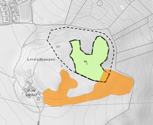 Figur 2: Utsnitt av plankartet som viser ny varslingsgrense foreslått areal for ny dyrka mark og naturtype fra Asplan Viak (2014a). Oransje farge er naturtype avgrenset av Asplan Viak.