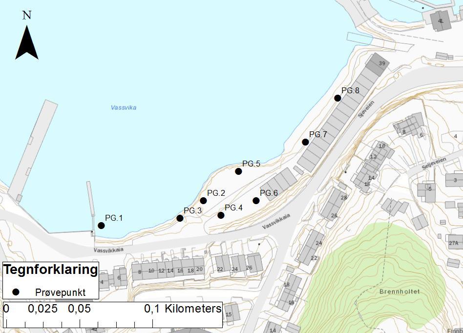 Vannkanten Miljøgeologiske undersøkelser, land multiconsult.no 3 Analyseresultater Figur 2, Plassering av prøvegropene (kartkilde: GISline). 2.2 Laboratorieundersøkelser 12 jordprøver ble sendt til kjemisk analyse hos ALS Laboratory Group AS.