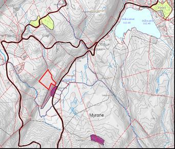 Områdeskildring: Innspel til ny arealbruk: Rådmannen sin konklusjon frå KU og ROS: Kart over Området ligg på Myrane, sørvest for Soldal. I dag er det mykje lauvskog på staden.