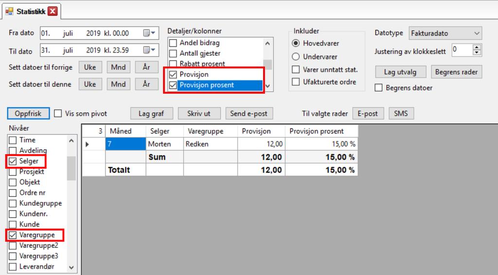 Vi gjør et test kjøp som selgeren «Morten» og selger en sjampo som skal gi denne selgeren 15% provisjon. Nå vil vi kanskje se statistikken.