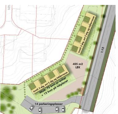 med 0,8 parkeringsplass for bil, og 2,5 parkeringsplasser for sykkel pr 100 m² bolig. Det er ikke vist sykkelparkeringsplasser på illustrasjonsplan.