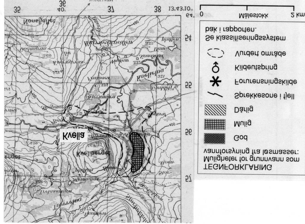 Fig.1. Utsnitt av kartblad (M711) 1924-III Tunnsjøen, som viser et område ved Kvelia med muligheter for grunnvannsuttak fra løsmasser.