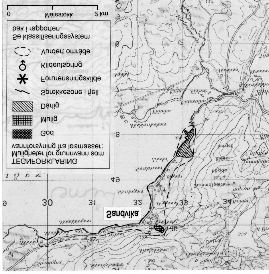 Fig.3. Utsnitt av kartblad (M711) 1923-IV Nordli, som viser løsmasseavsetninger i nærheten av Sandvika hvor mulighetene for grunnvannsuttak er undersøkt. MEBYGDA Vannbehovet er anslått til 0.7 l/s.