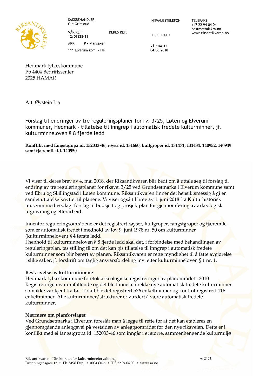 SAKSBEHANDLER Ole Grimsrud VÅR REF. 12/01228-11 DERES REF. INNVAL G STELEFON DERES DATO TELEFAKS +47 22 94 04 04 postmottak@ra.no www.riksantikvaren.no ARK. P - Plansaker 111 Elverum kom.