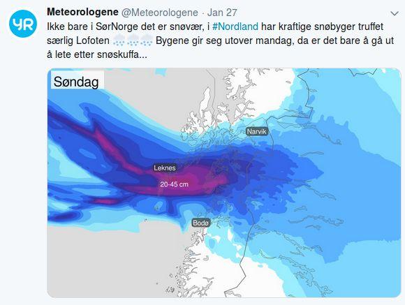 Figur 3. Tweet fra @Meteorologene søndag om snømengdene i løpet av søndag.