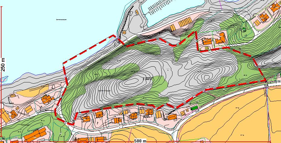 Sak 33/17 Stiplet linje viser hvilke areal av gnr.10/116 i Synnavikhaugen sameie som søkes planlagt. Grå farge indikerer åpen fastmark, grønn farge betyr skog.