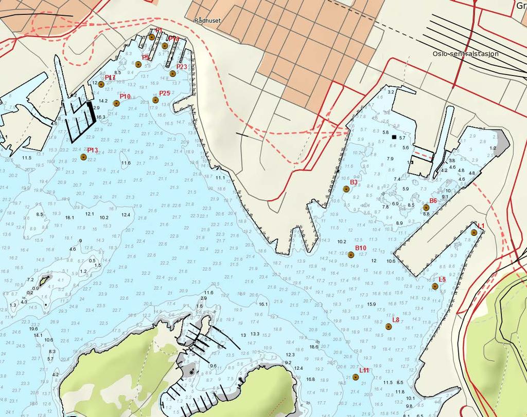 Figur 2-1. Kart over Oslo indre havn med stasjonspunkter for prøvetaking av bløtbunnsfauna i 2015. 2.3 Univariate indekser.