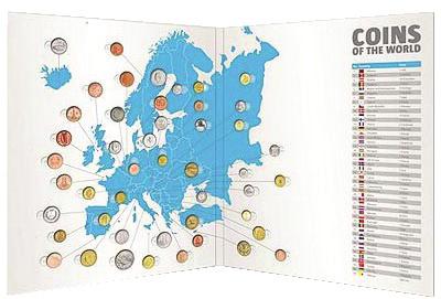 Europa-folder Best.nr.: 51510 Mappe med 47 mynter fra alle land i Europa. Alle myntene passer inn i et spesial designet kart over Europa.